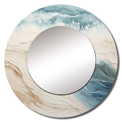 Modern Blue And Beige Sand Aerial View V - Beach Sand Large Mirror, Gray Round Decorative Wall Mirror, Printed Metal Art