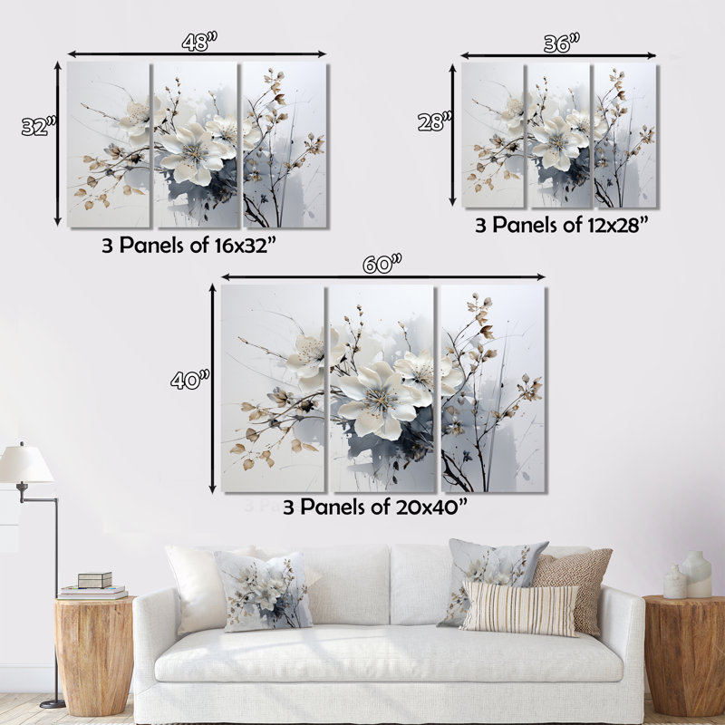 Art asiatique, fleurs d'orchidées I sur toile, 3 pièces, H 28 po x l 36 po x P 1 po