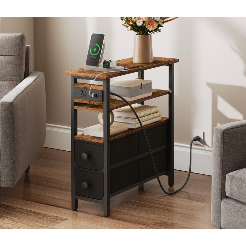 Narrow End Table with Charging Station, Rustic Brown