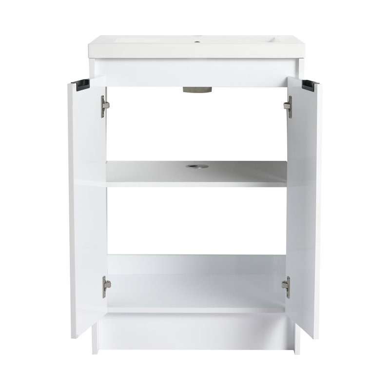 Meuble-lavabo autoportant de 36 po avec lavabo en résine et 1 armoire de rangement, portes et tiroir à fermeture en douceur, blanc brillant, contreplaqué (emballage KD)