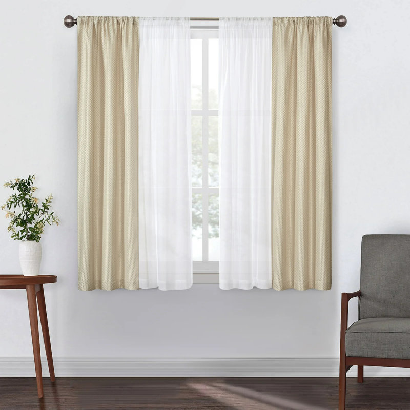 Sunclipse 4 Piece Open Stitch & Solid Curtain & Sheer Panel Set, Beige