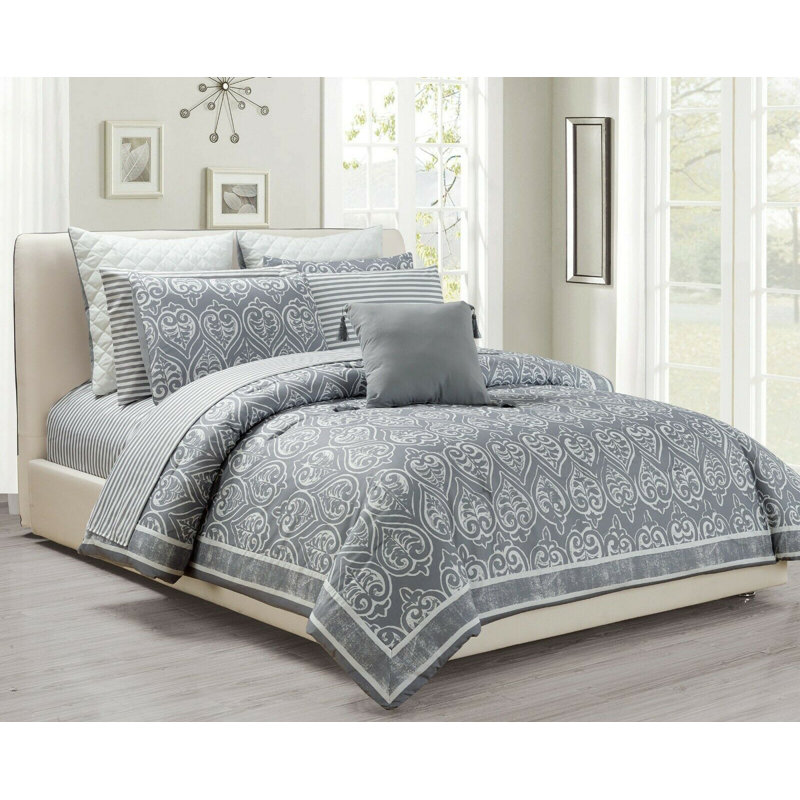 Ensemble d'édredon réversible Mareeya, Édredon double / grand + 2 taies d'oreiller, gris