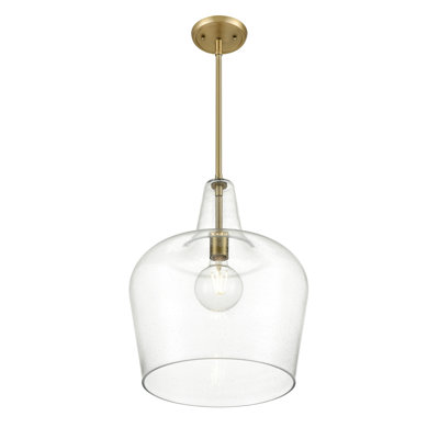 Luminaire suspendu 1 lumière Ivy Bronx Retaj en noir mat avec abat-jour en verre bullé transparent