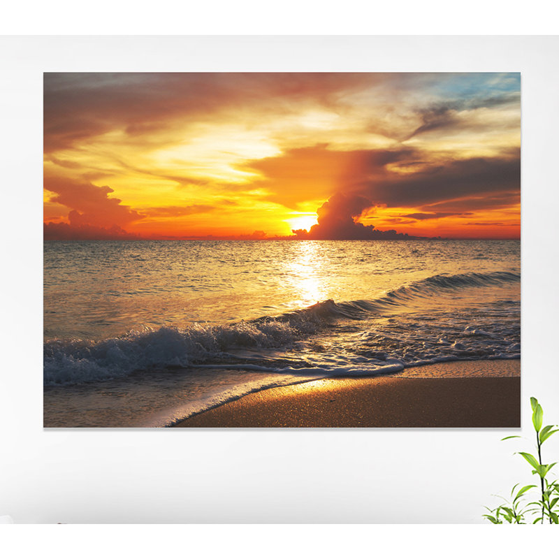 «Colorful Dramatic Sunset Over Waves Modern Beach», reproduction de photo sur toile tendue, H 16 po x l 32 po x P 1 po