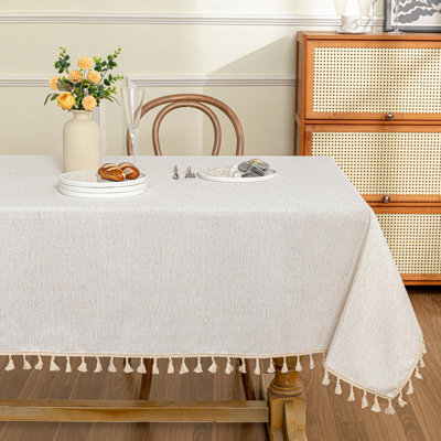 Table Cloth 60X120 In Rectangle Table, Heavy Duty Cotton Tassel Linen Look Waterproof Tablecloths Farmhouse Tablecloth Wrinkle Free Table Cover With Tassels For Kitchen Dining, Party