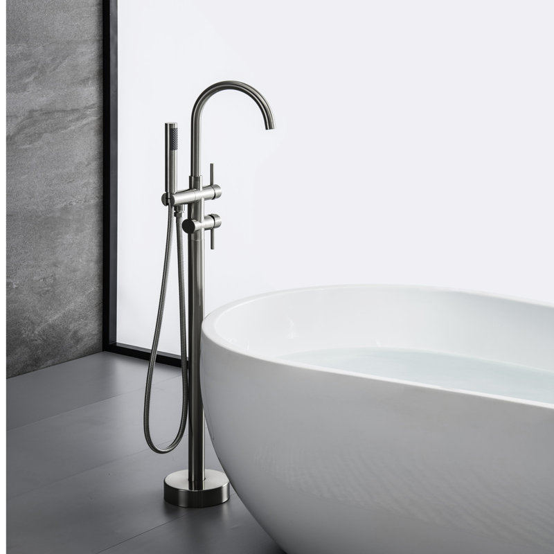 Robinet de baignoire autoportant en nickel brossé - 6 GPM (bec de baignoire), laiton massif, conception fonctionnelle avec nickel à double fonction, douche à main pratique