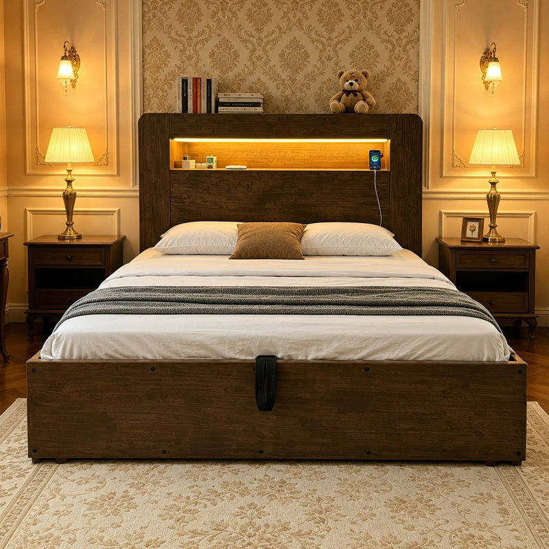 European Double (140 x 200 cm) Bed, Brown