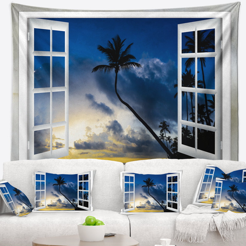 Tapisserie paysage fenêtre à la plage avec cocotiers, H 78 po x l 92 po