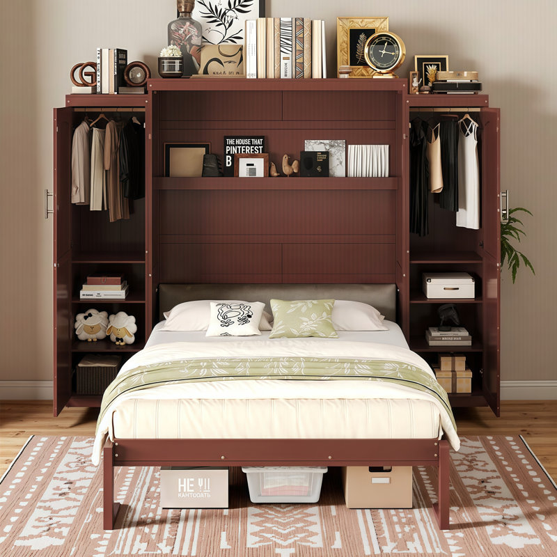 Lit escamotable double / grand encombrant avec armoire intégrée et tablettes de rangement - Lit plateforme pliable multifonctionnel pour les petits espaces et les chambres d'amis