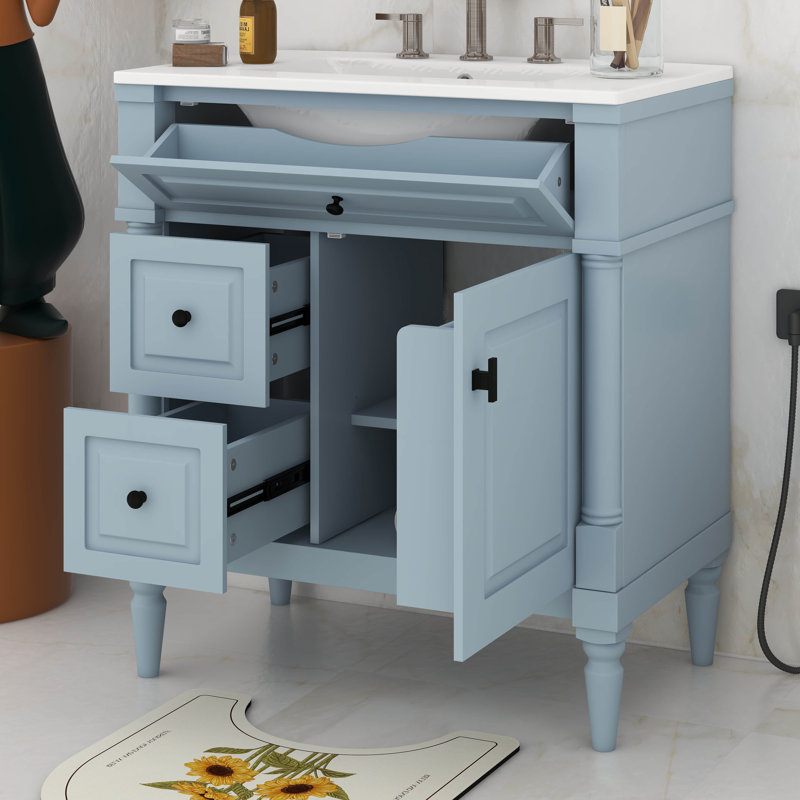 Meuble-lavabo 30 po avec lavabo, meuble-lavabo autoportant avec tiroir rabattable, 2 tiroirs et tablette réglable, Bleu/gris