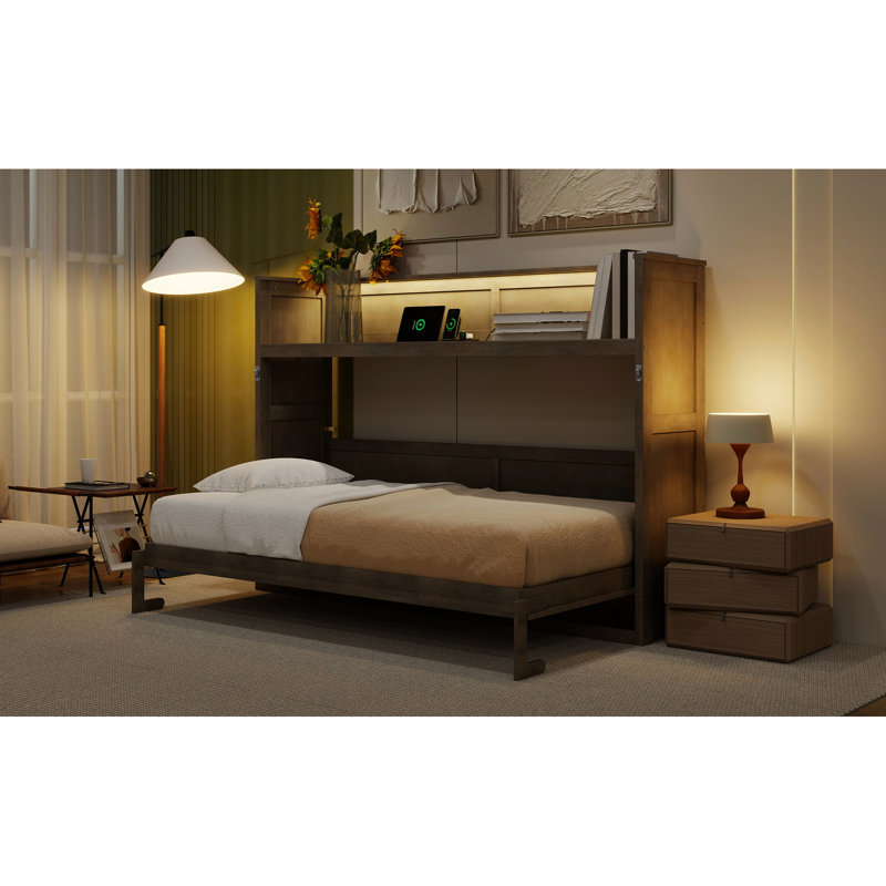 Lit simple TG avec bureau, DEL à 3 couleurs, charge, finition gris délavé, coffre-fort pour les petits espaces, Gris délavé