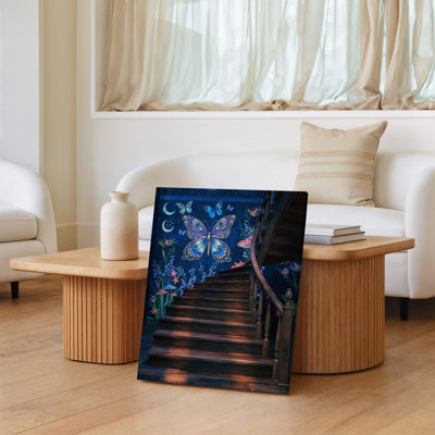 Toile, scène fantaisiste d'escalier avec art mural magnifiquement peint sur toile, mur foncé orné de papillons