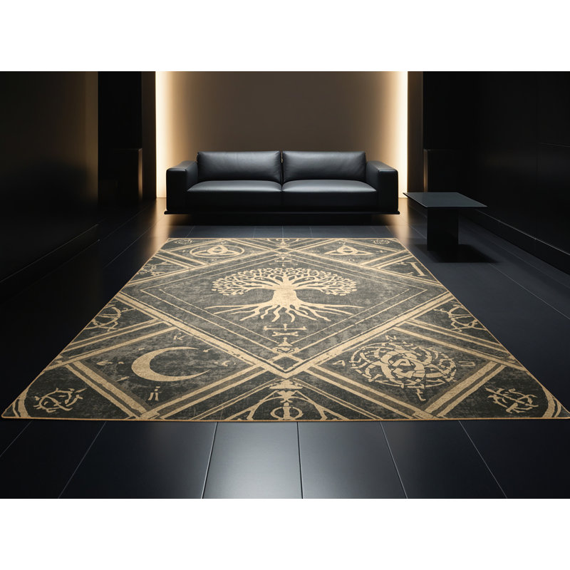 Tapis en treillis d'inspiration mondiale Justin Druid Symbols - noir, 7 x 9