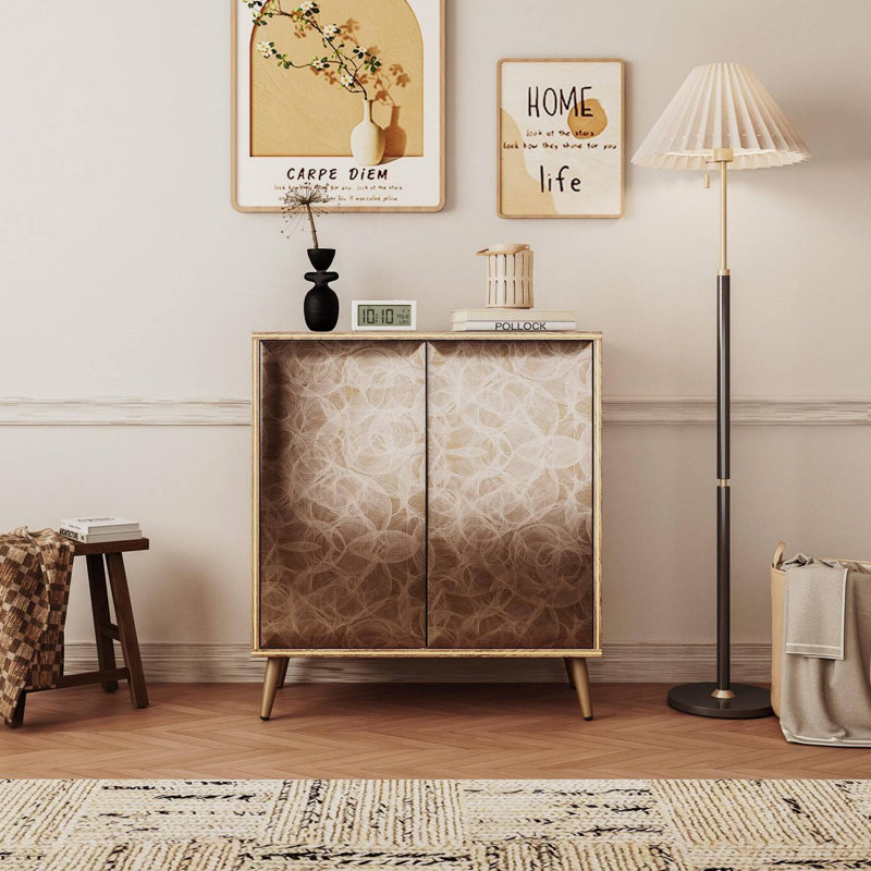 2 Door Sideboard Buffet Cabinet with Raised Shaped and Geometric Line Texture Door Panel, Rustic Oak