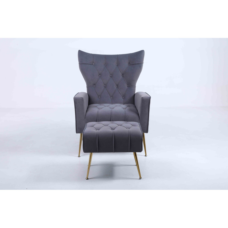 Wickham Velvet Armchair with Ottoman, Dark Gray