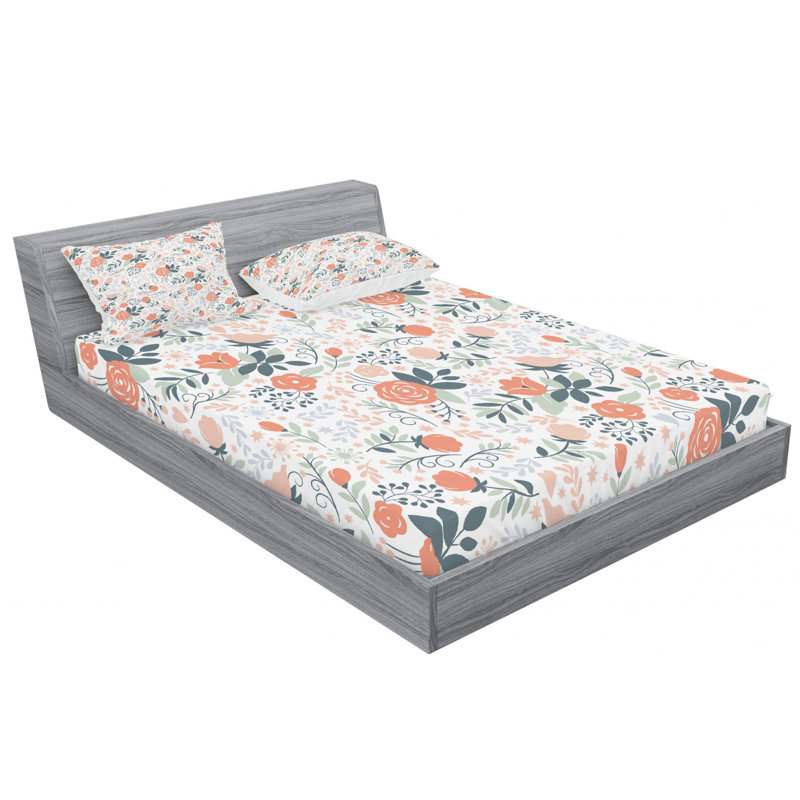Microfiber Floral Sheet Set, Queen Sheet Set + Fitted Sheet + 2 Pillowcases, Green/Orange Floral
