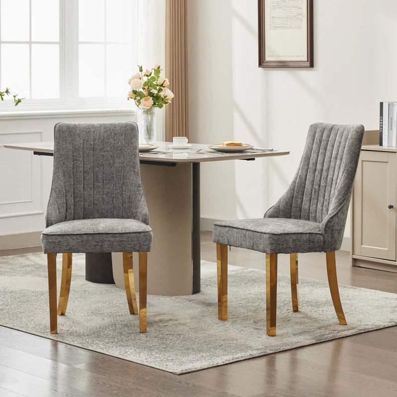 Ensemble de chaise de salle à manger en chenille avec dossier rembourré, pieds en métal, Gris, Doré