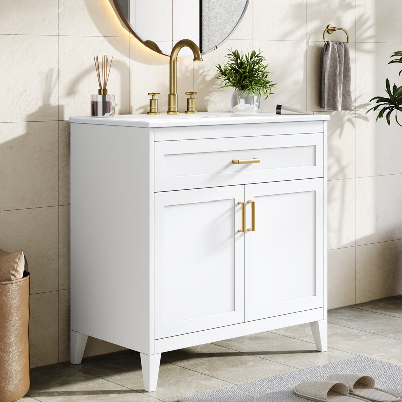 Meuble-lavabo moderne Yelton de 76 cm de large en bois avec lavabo en céramique, rangement à fermeture douce et tablette réglable pour salle de bain