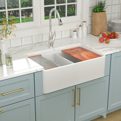  33'' L Workstation Sink Farmhouse / Apron Front Double Bowl White Ceramic Kitchen Sink with Accessories