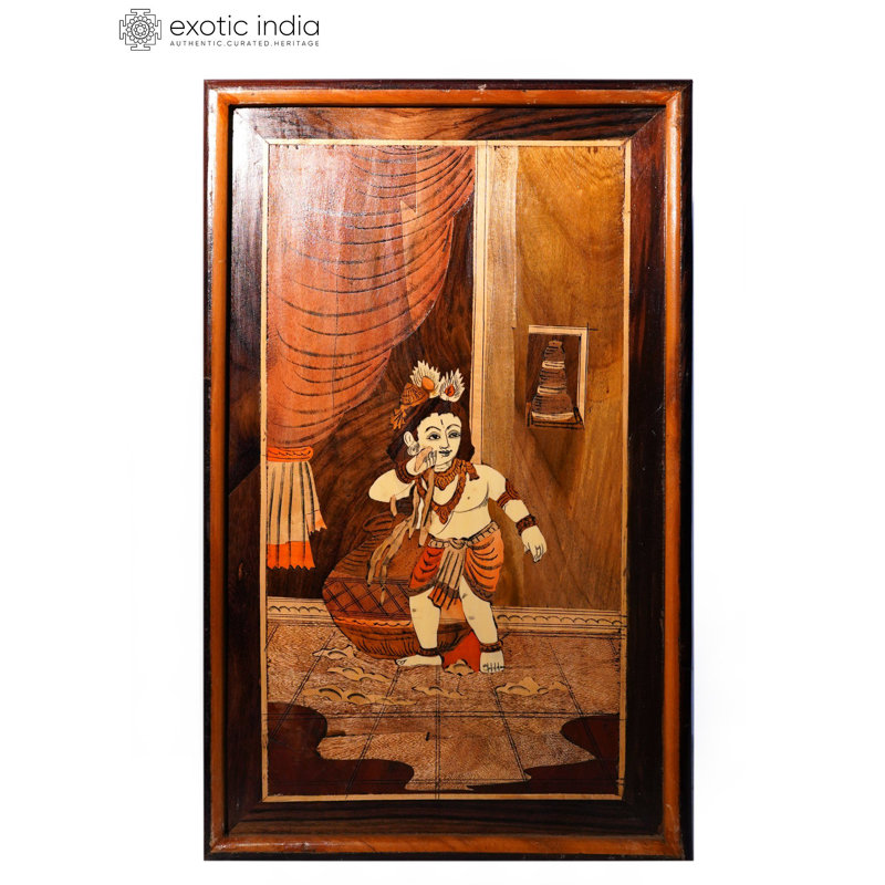 21 po Little Krishna, volant en bois de beurre - peinture de couleur naturelle fabriquée à la main avec incrustation sur bois de rose de Myzore, décoration spirituelle et art du temple