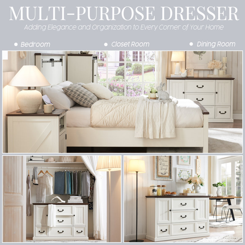 White Farmhouse Wood Dresser with Rustic Metal Handles