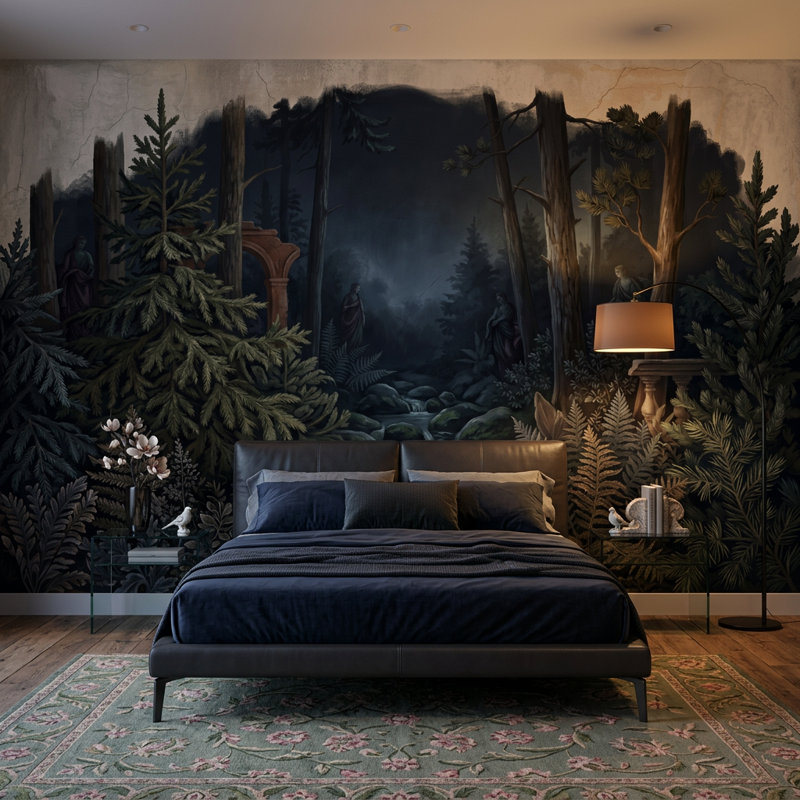 Décoration murale murale rétro Moody Forest Misty Woodland, 120 po x 96 po, Peler et coller