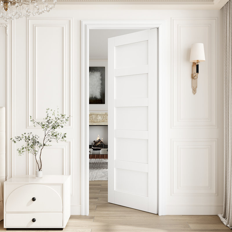 Porte intérieure à 5 panneaux de 30 po x 80 po à noyau plein, porte intérieure à finition blanche prête à peindre, sans quincaillerie, pour la chambre à coucher, le placard, le couloir, le salon, le garde-manger et la salle de bain Porte française et pliante