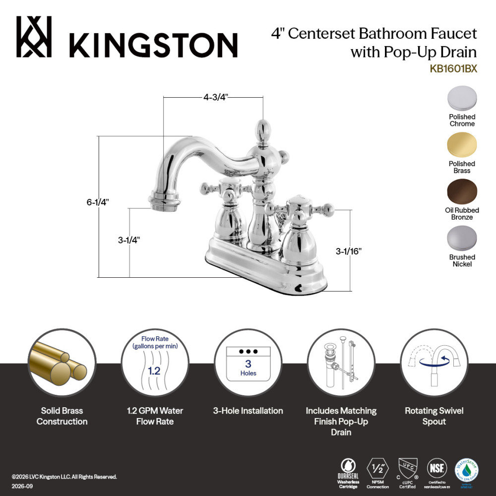Kingston Brass Heritage Two-Handle 3-Hole Deck Mount 4" Centerset Bathroom Faucet with Plastic Pop-Up, Polished Chrome