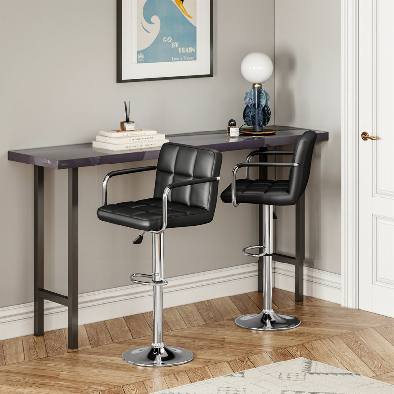 Set Of 2, Breakfast Bar Stool With Armrest And Back Swivel Gas Lift Leather Kitchen Bar Stool, Black