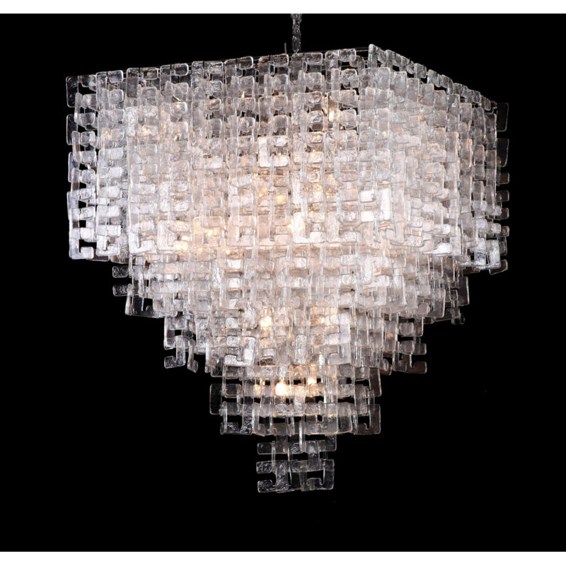 Lustre carré clair en métal, Verre lisse givré, Nickel brossé, 30” Wide x 42” Height x 30” Depth