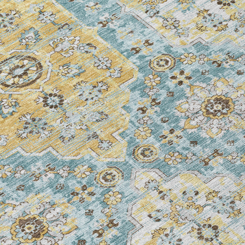 Tapis damassé intérieur / extérieur lavable à la machine ACN2643, Tapis de couloir 2 pi 3 po x 7 pi 6 po, Bleu sarcelle