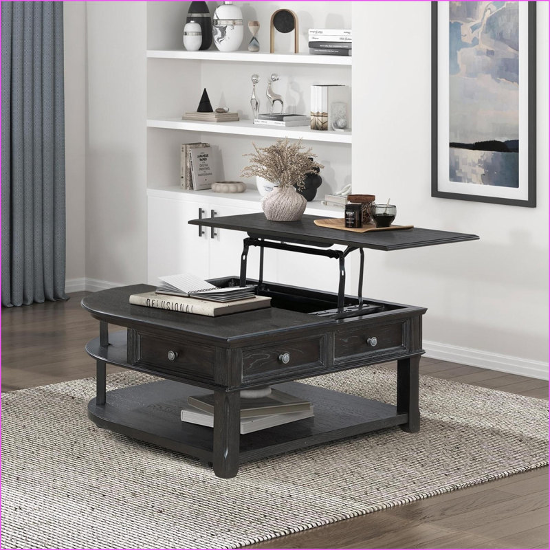 Table basse à plateau relevable gris anthracite pour le salon - Tiroir de rangement, tablettes et amp; Roulettes
