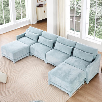 Chenille à quatre places bleu ciel, coussin lombaire, conception ergonomique, composants modulaires bleus, avec coussins éponge entièrement compressés assortis