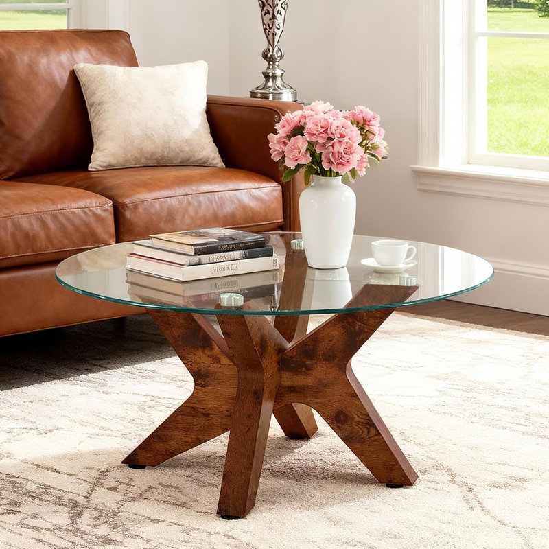 Cambridgeshire Round Coffee Tables with Tempered Glass Top Center Table, Dark Brown, Clear
