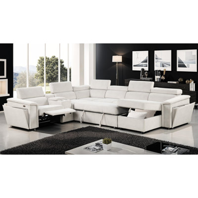 Canapé-lit modulaire inclinable électrique d'apparence moderne beige, avec appuis-tête réglables, méridienne de rangement et porte-gobelets intégrés, revêtement, structure en bois, 6 sièges, siège mi-ferme, rembourrage en mousse