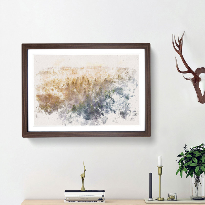 Fog Over The Forest Watercolour - Single Picture Frame Print on MDF, Walnut Framed, 40cm H x 60cm W x 2cm D