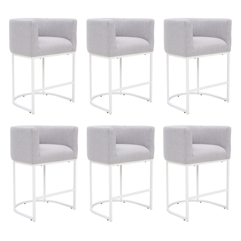 Upholstered Counter Height Stool with Metal Frame (Set of 6), Light Gray Seat/White Frame, 6