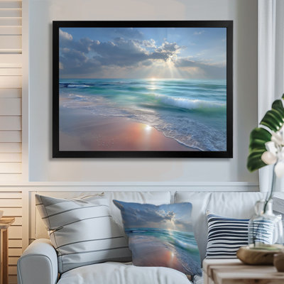 «White and Pink Sunset Gentle Waves», reproduction sur toile encadrée, art mural blanc bord de mer