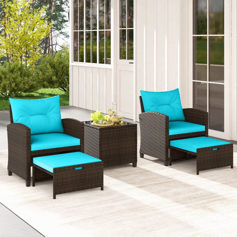  Ensemble de 5 meubles de patio en rotin avec 2 repose-pieds en osier et table basse en verre trempé brun et turquoise