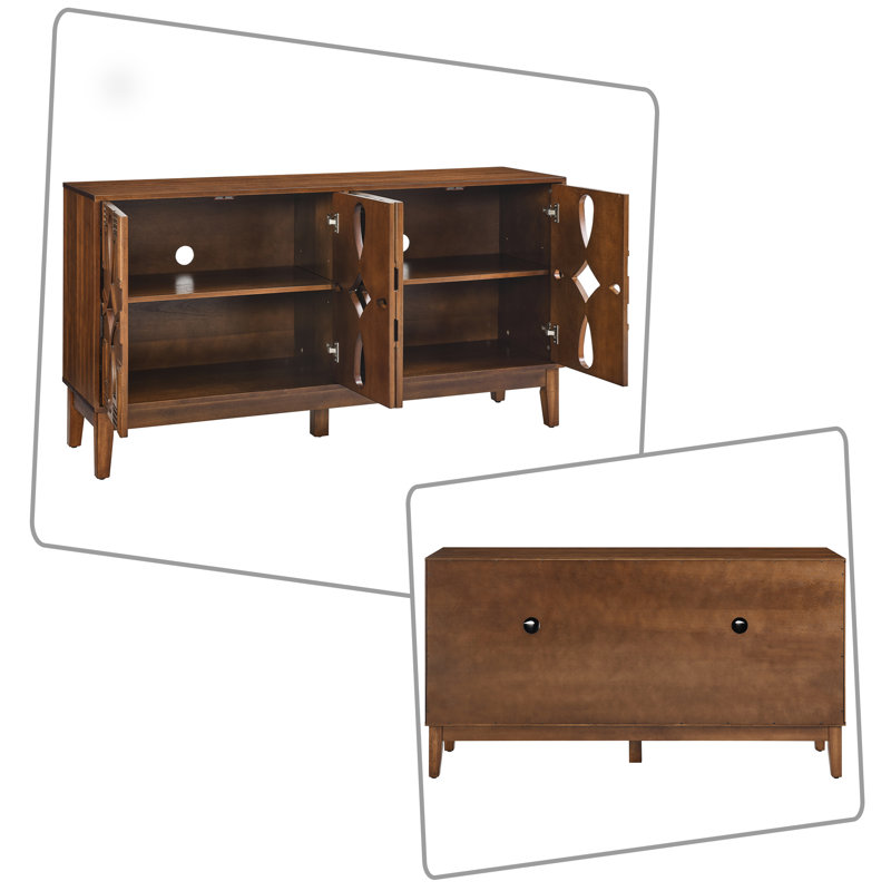 Mid-Century Modern 4-Door Wood Sideboard with Cut-Out Pattern and Adjustable Shelves, Walnut