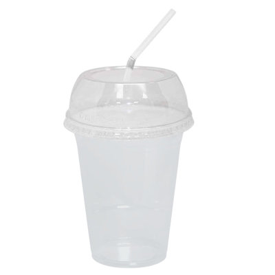 12oz Clear PET Plastic Cups with Wide Hole Dome Lid & Straw: 100 Sets
