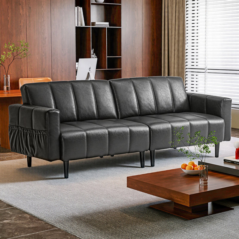 82.7'' Faux Leather Futon Couch,Mid Century Modern Faux Leather Convertible Sofa with Adjustable Backrest and Armrest, Black