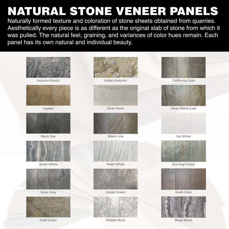 Placage de pierre naturelle de 2 pi x 4 pi VersaLite Stone, feuille de placage de pierre flexible pour panneaux de mur et de plancher (8 pieds carrés / caisse)