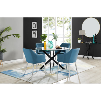 Bernell Modern Chrome Metal & Glass Round Dining Table Set with 4 Luxury Button Velvet Chairs