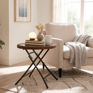 Brown Foldable Wicker Side Table, Round Rattan Patio Table with Tempered Glass Tabletop, Portable Accent Table for Garden, Balcony, Deck and Pool