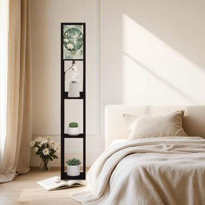 Lampe sur pied DEL à intensité variable, motif lotus et clair de lune, inspiré d'un pavillon traditionnel avec cristaux suspendus. Structure en MDF avec télécommande et 3 couleurs d'éclairage. Parfait pour le salon ou la chambre.