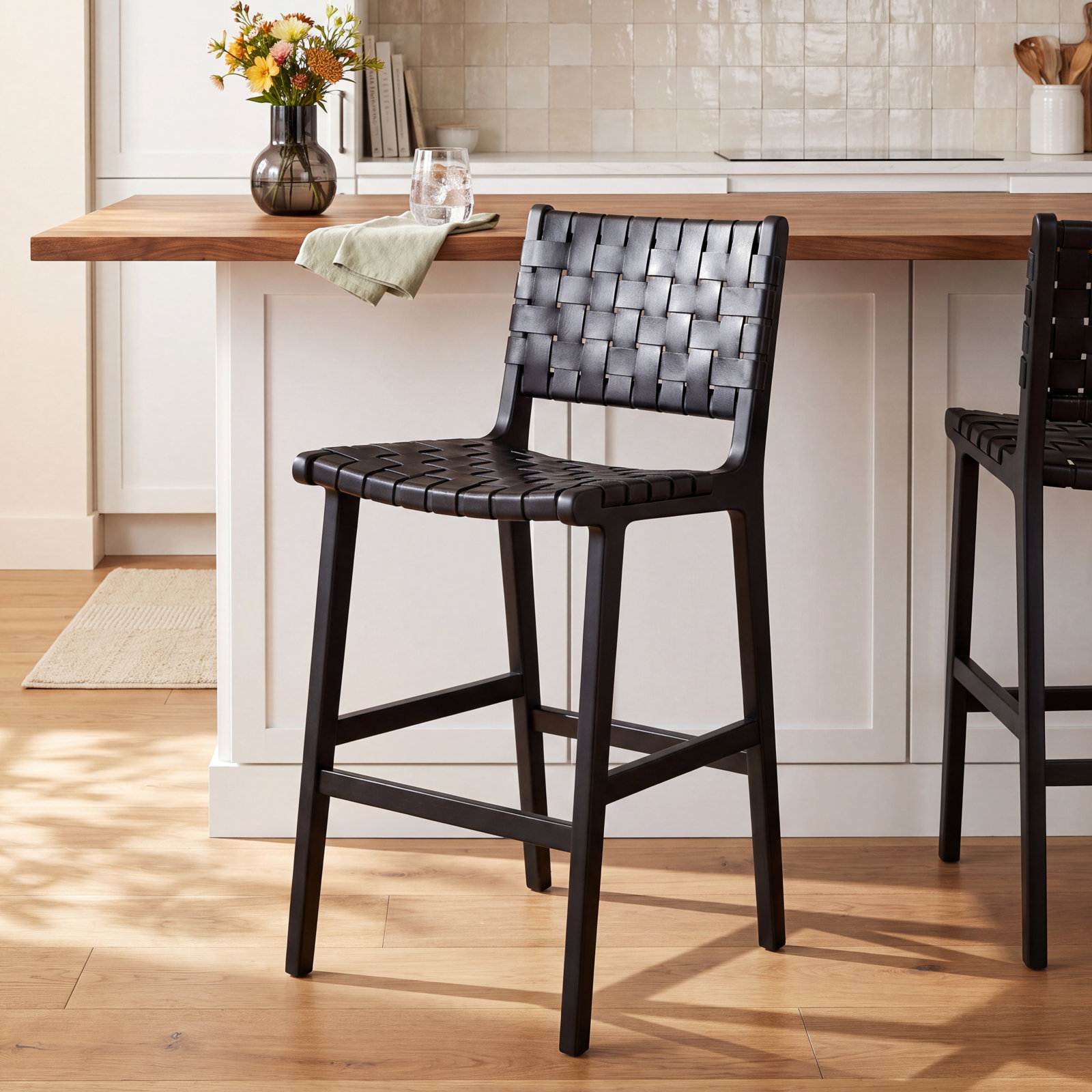 Alston Leather Bar and Counter Stool, Bar Stool (29.70" Seat Height), Black Leather/Black Frame