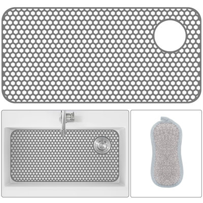 Silicone Sink Protector, 28.3" x 14.4" Right Drain Kitchen Sink Mat for Sink Bottom, Non-Slip and Heat-Resistant, For Farmhouse and Stainless Steel Sinks, With a Free Scrub Sponge, Grey