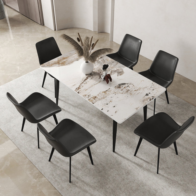 Ensemble de table de salle à manger moderne en pierre frittée 7 pièces avec 6 chaises en similicuir Juvan, Gris, Pandora