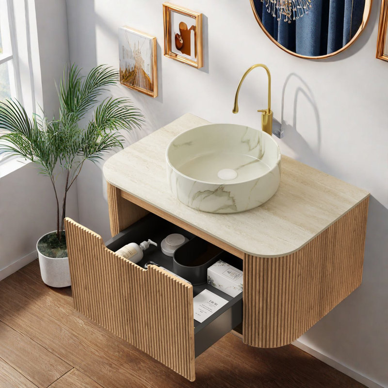 Meuble-lavabo et lavabo flottant moderne, finition bois durable, solution de salle de bain peu encombrante